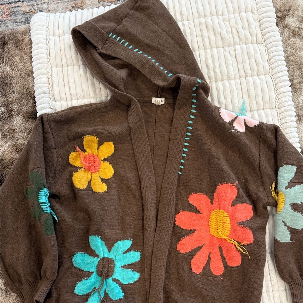 POL Brown Hooded Cardigan with Colorful Floral Design